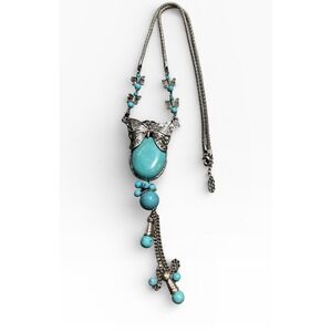 Faux‎ Turquoise Butterfly Lariat Necklace Silver Tone Boho Statement Western